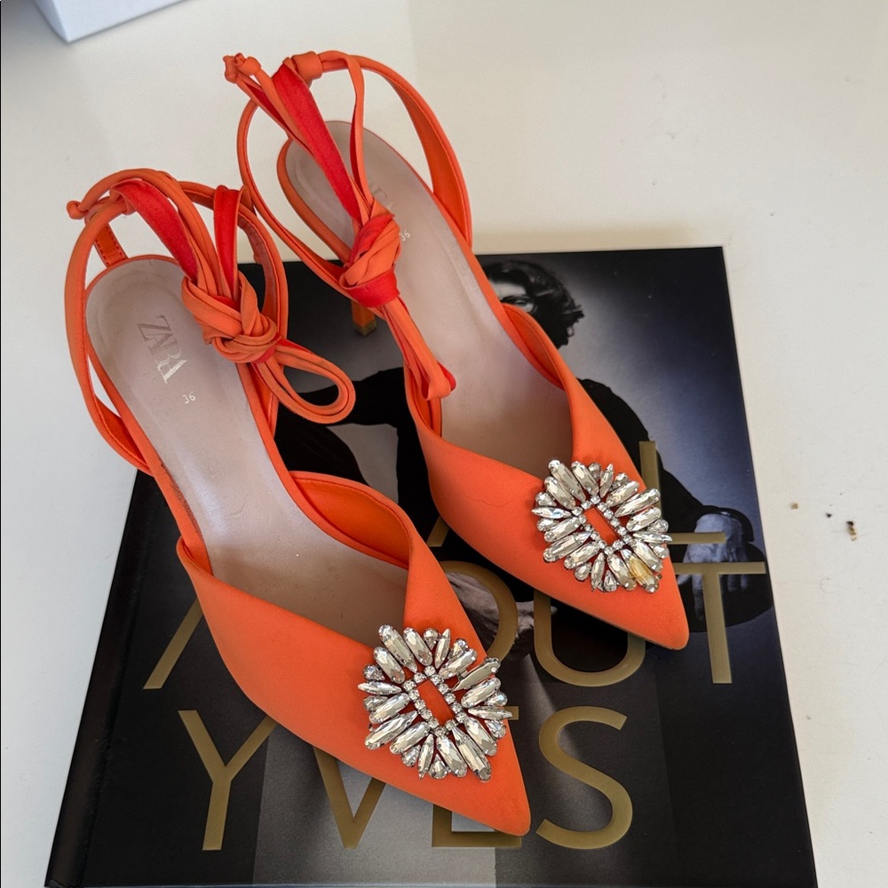 Zara Orange Heels with Silver Embellishment